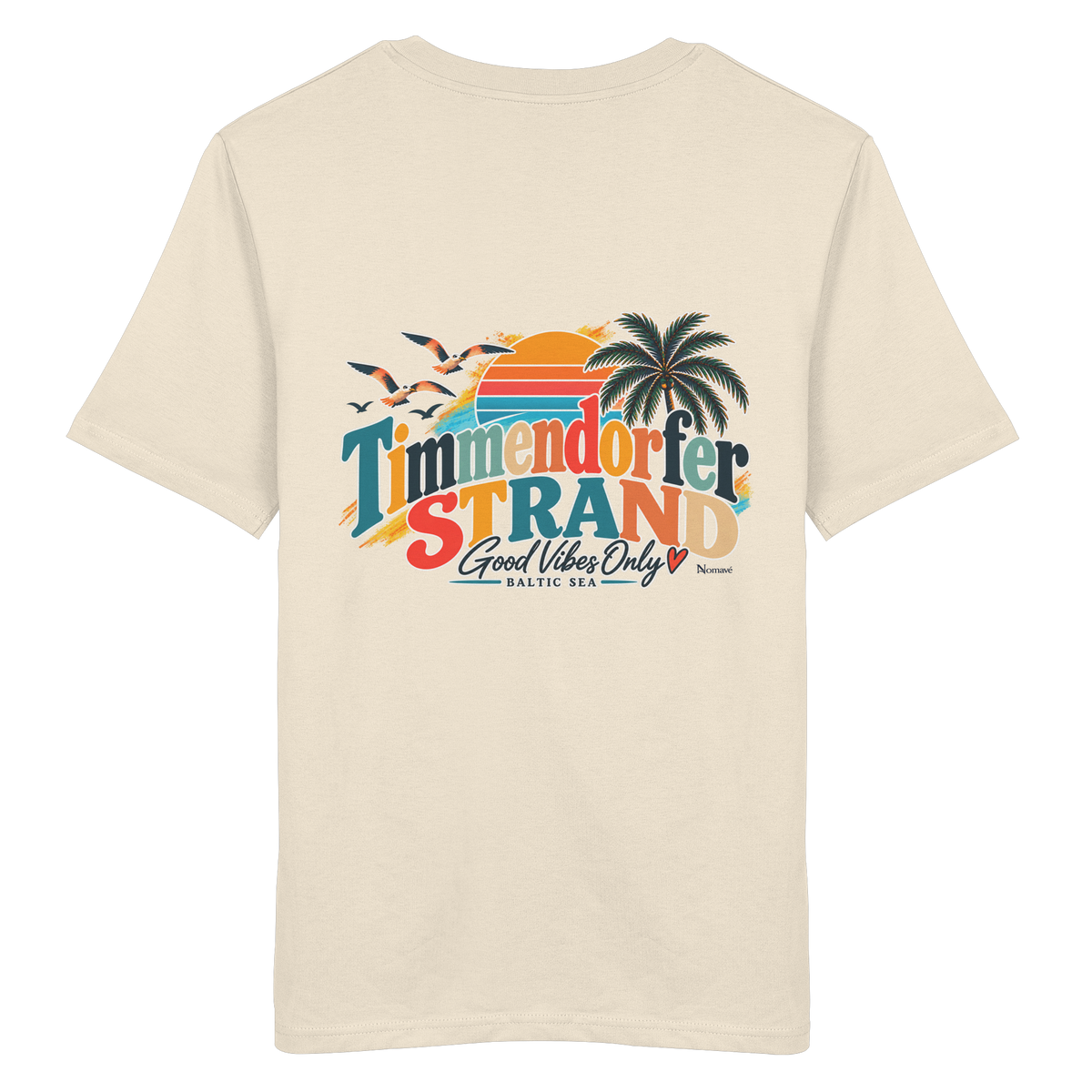 Unisex-Bio-T-Shirt in Natural Raw, Katalog-Rückansicht mit Timmendorfer-Strand-Good-Vibes-Only-Rückenprint.