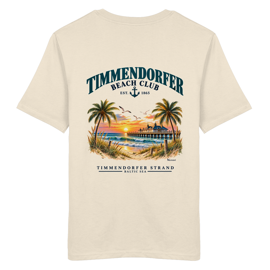 Original-/Katalogmockup: Unisex Bio-T-Shirt in Natural Raw, Rückansicht mit Timmendorfer-Beach-Club-Rückendruck.