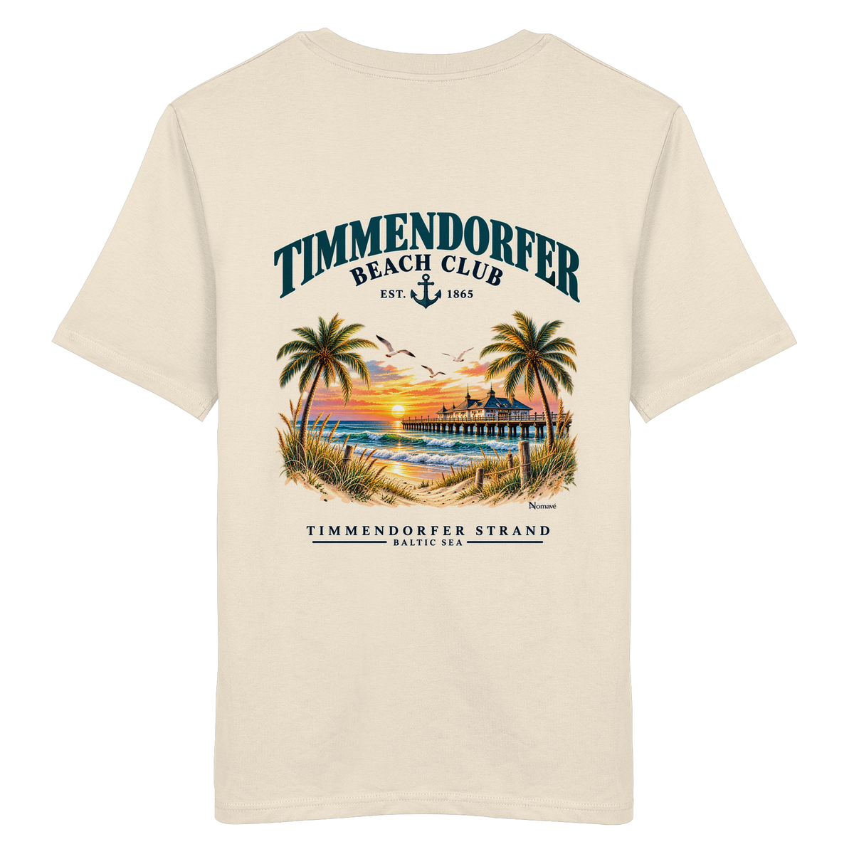 Original-/Katalogmockup: Unisex Bio-T-Shirt in Natural Raw, Rückansicht mit Timmendorfer-Beach-Club-Rückendruck.