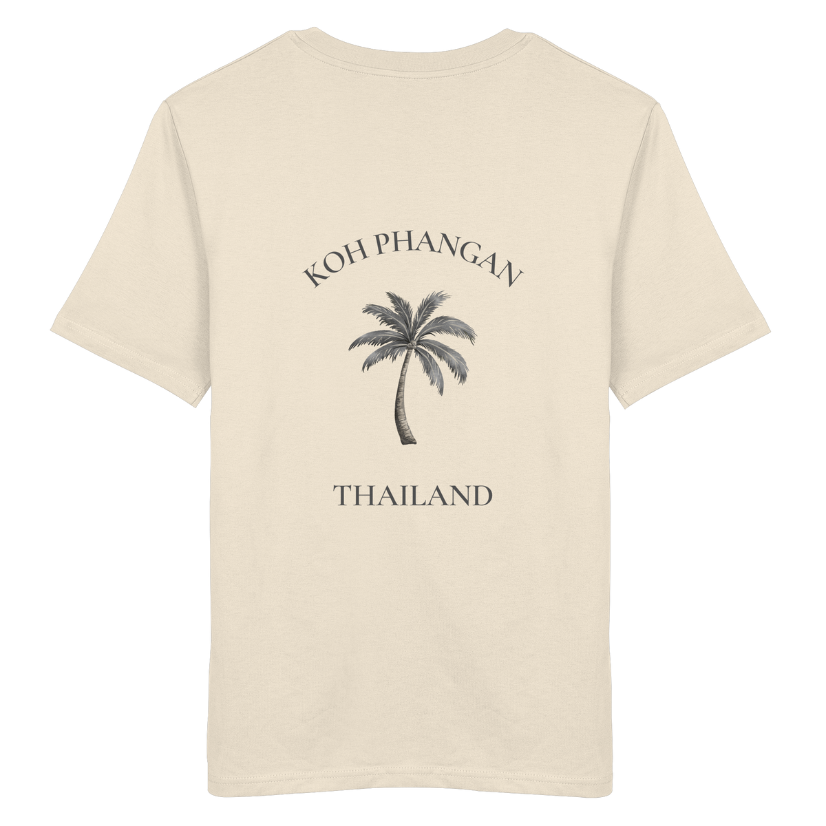 Bio T-Shirt in Natural Raw, Original-Mockup Rückenansicht mit Koh Phangan Mini Palm Backprint