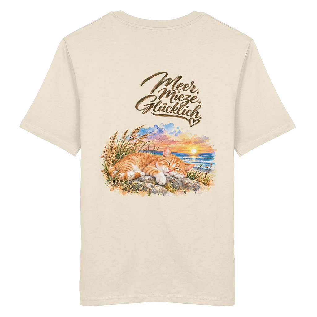 Rückansicht des freigestellten Bio-T-Shirts in Natural Raw mit „Meer. Mieze. Glücklich.“ und Katzenmotiv – Original-Mockup.