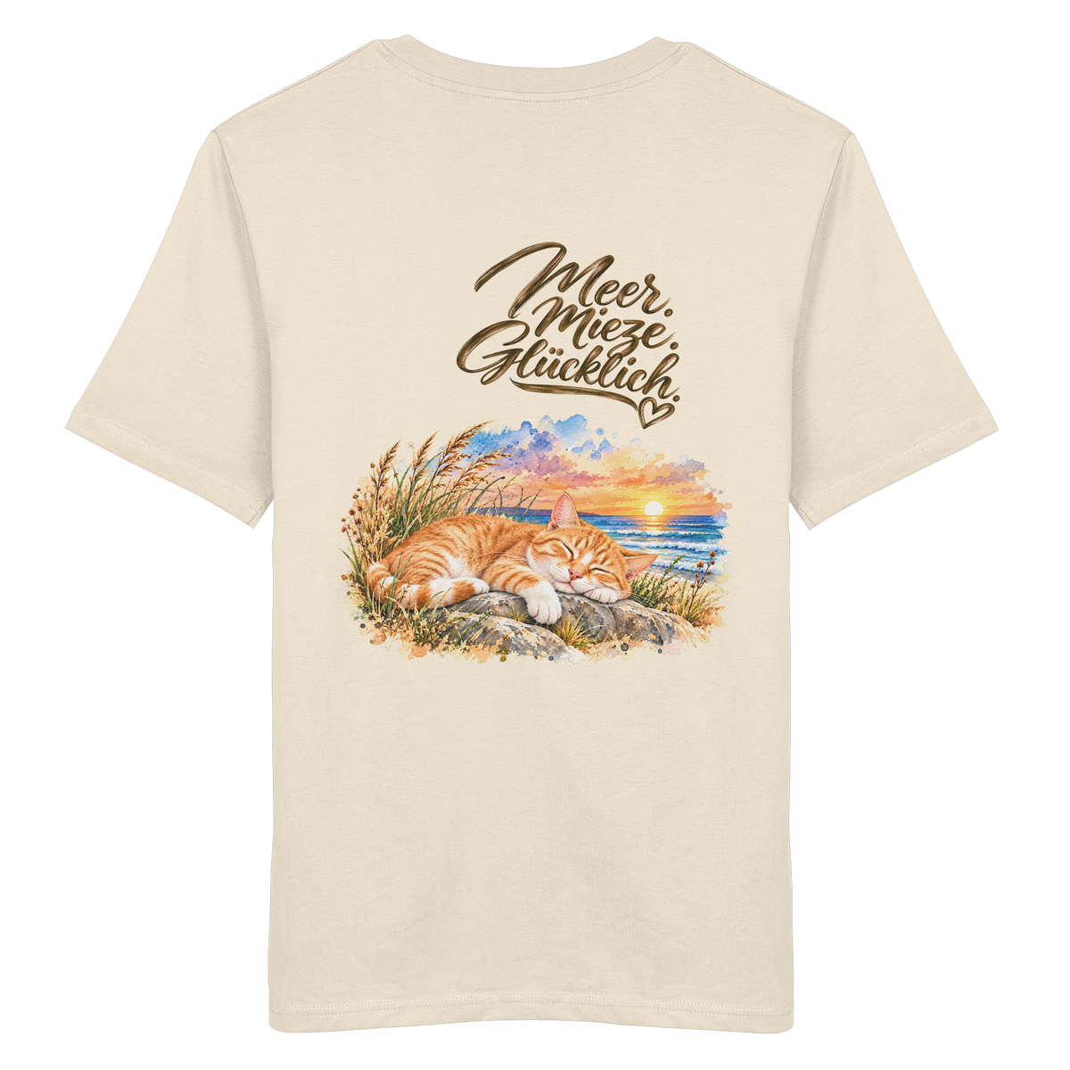 Rückansicht des freigestellten Bio-T-Shirts in Natural Raw mit „Meer. Mieze. Glücklich.“ und Katzenmotiv – Original-Mockup.