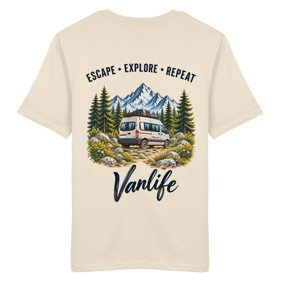 Bio T-Shirt in Natural Raw als Produkt-Mockup mit Escape Explore Repeat Motiv als Backprint