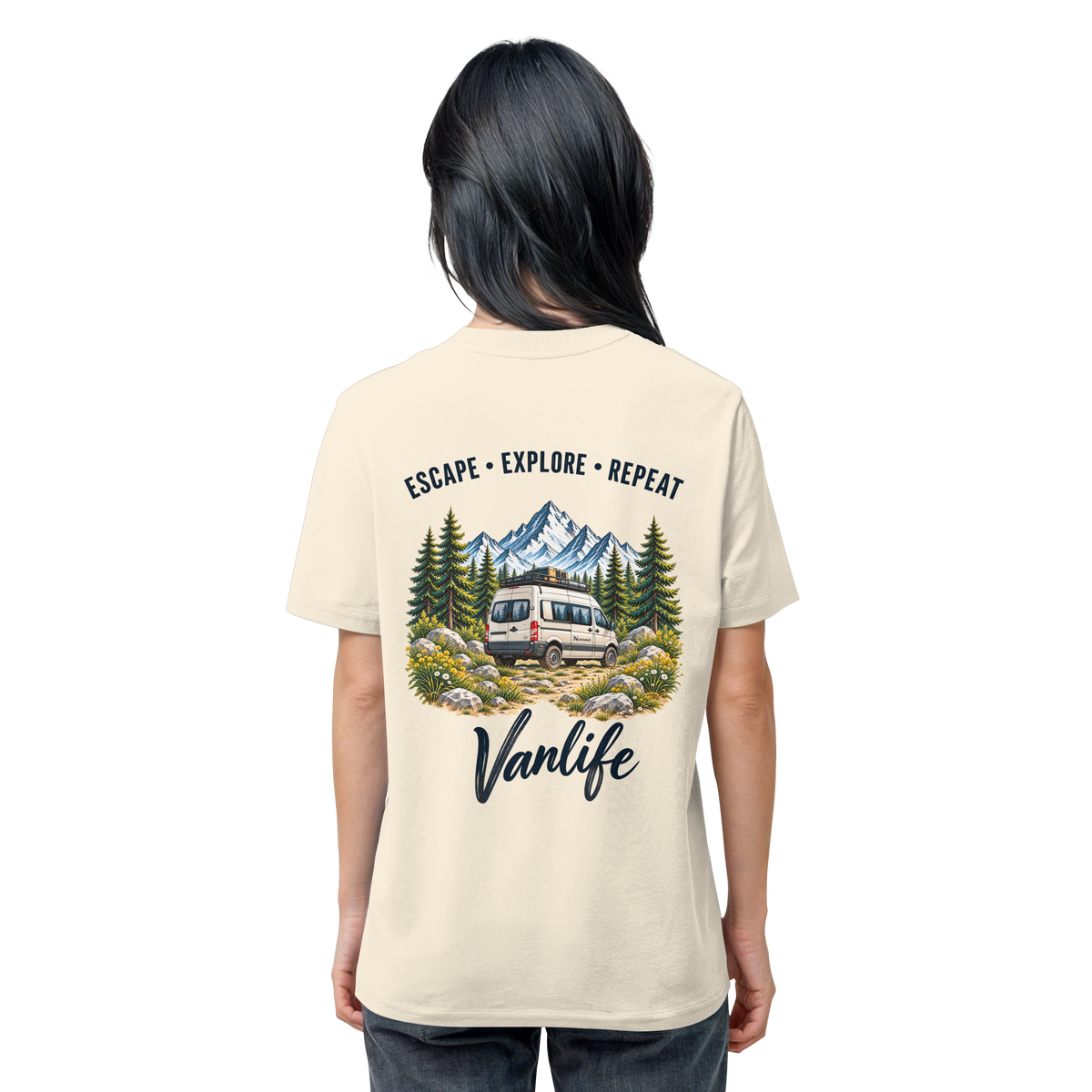 Bio T-Shirt in Natural Raw als Produkt-Mockup mit Escape Explore Repeat Motiv als Backprint – Produktansicht 2