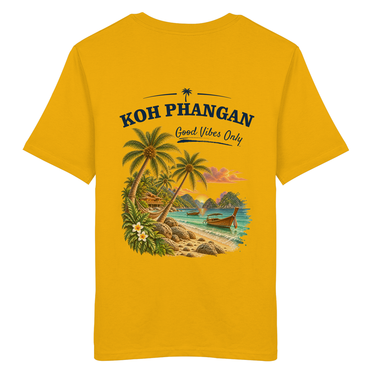 Koh Phangan Good Vibes Only – Bio T-Shirt – Backprint – Original-Mockup organic shirt spectra yellow mit Rückenmotiv