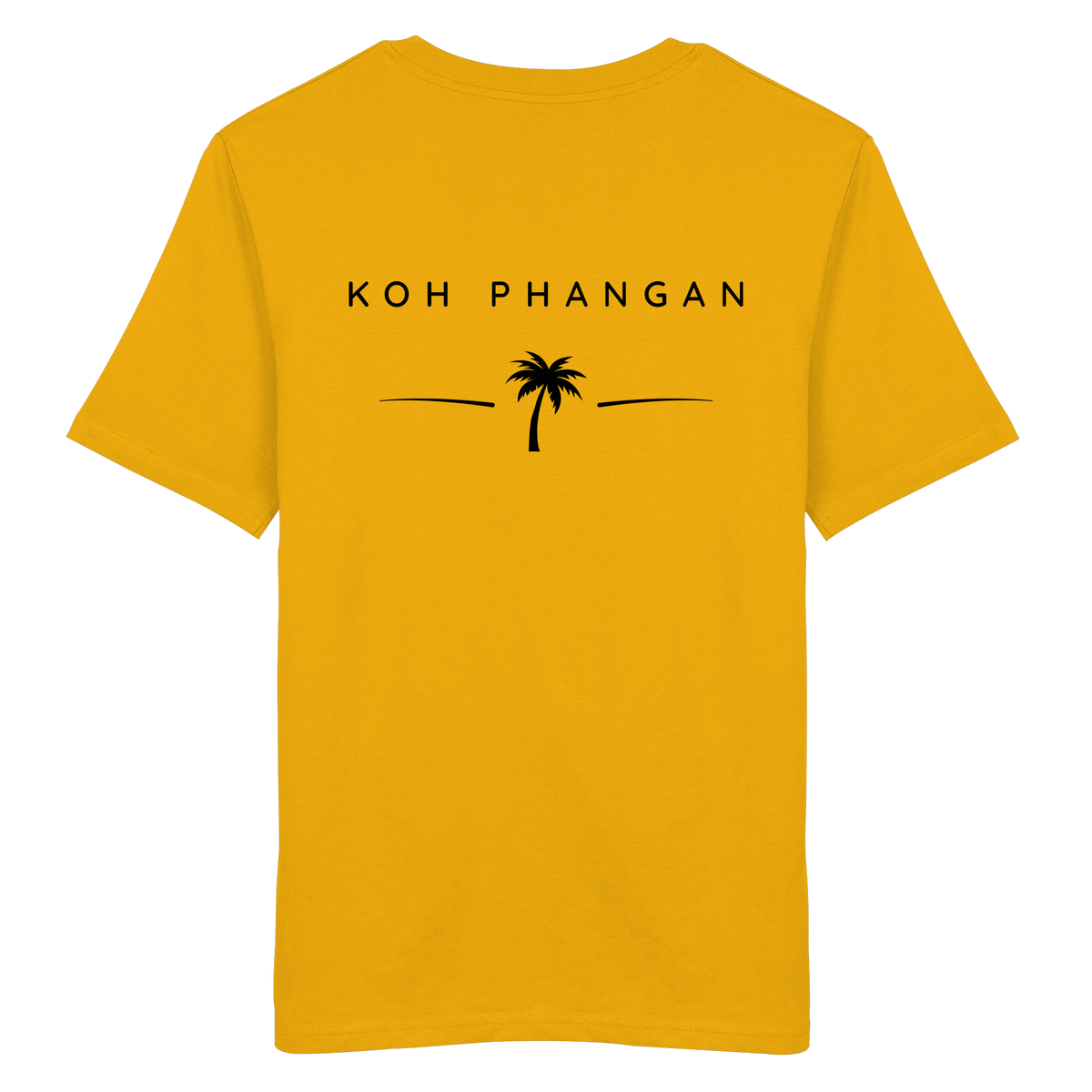 Original-Mockup des Bio T-Shirt in Spectra Yellow mit Koh-Phangan-Minimal-Backprint