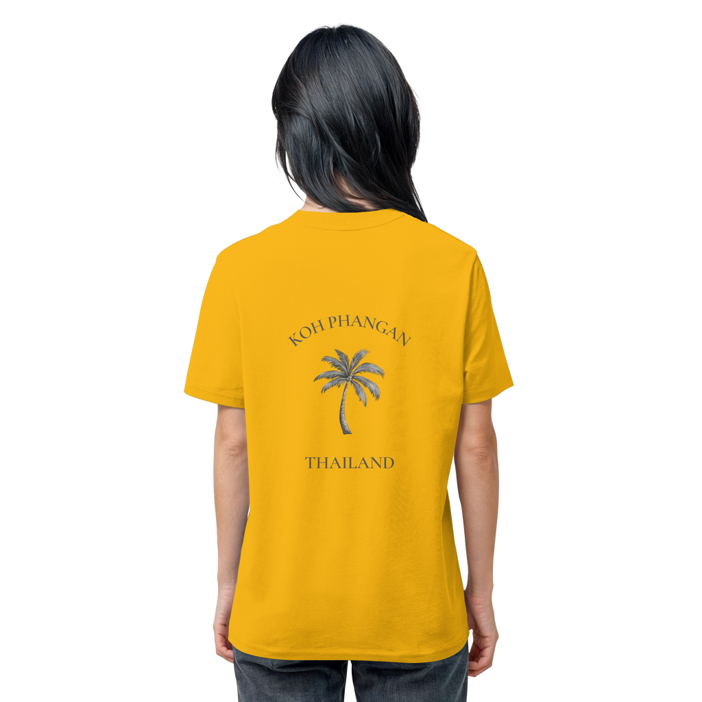 Bio T-Shirt in Spectra Yellow, Original-Mockup weitere Produktansicht mit Koh Phangan Mini Palm Backprint