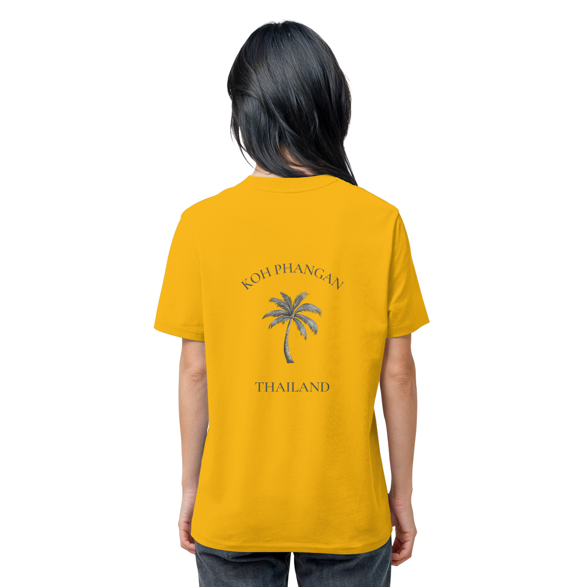 Bio T-Shirt in Spectra Yellow, Original-Mockup weitere Produktansicht mit Koh Phangan Mini Palm Backprint
