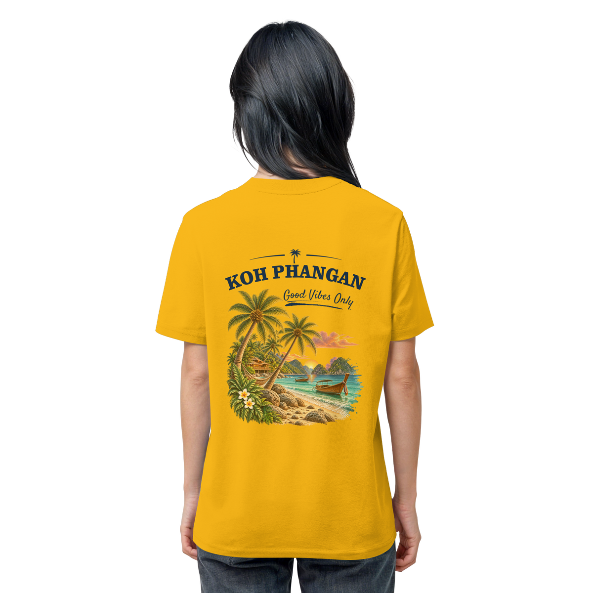 Koh Phangan Good Vibes Only – Bio T-Shirt – Backprint – Original-Mockup organic shirt spectra yellow mit Rückenmotiv