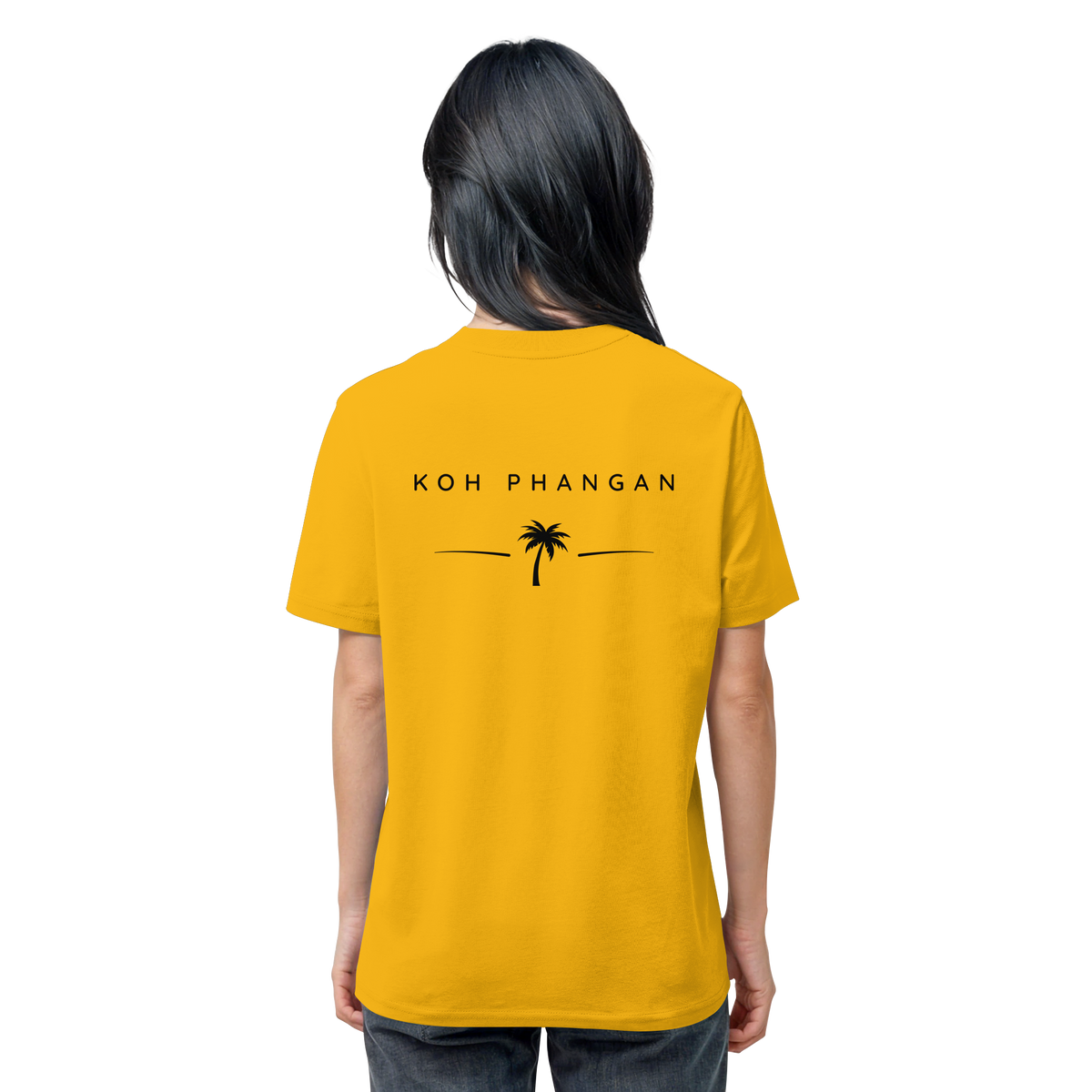 weitere Originalansicht des Bio T-Shirt in Spectra Yellow mit Koh-Phangan-Minimal-Backprint