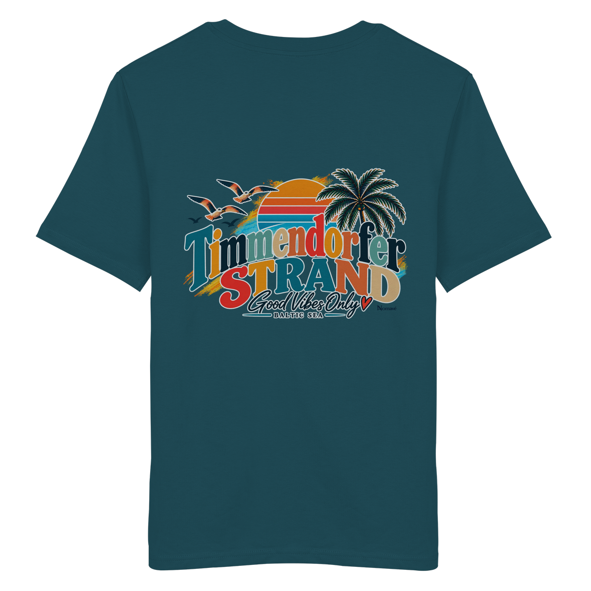 Unisex-Bio-T-Shirt in Stargazer, Katalog-Rückansicht mit Timmendorfer-Strand-Good-Vibes-Only-Rückenprint.