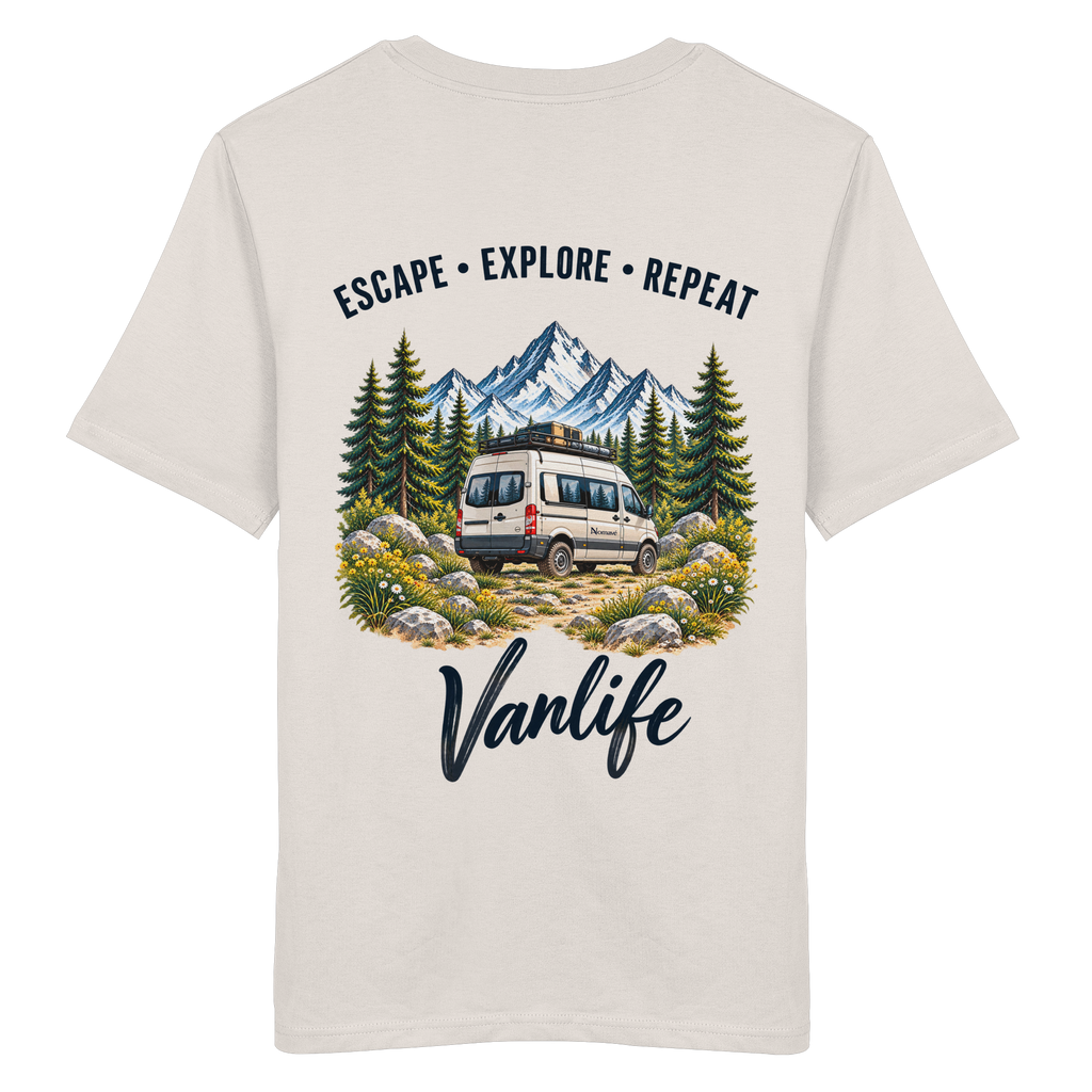 Bio T-Shirt in Vintage White als Produkt-Mockup mit Escape Explore Repeat Motiv als Backprint – Produktansicht 2