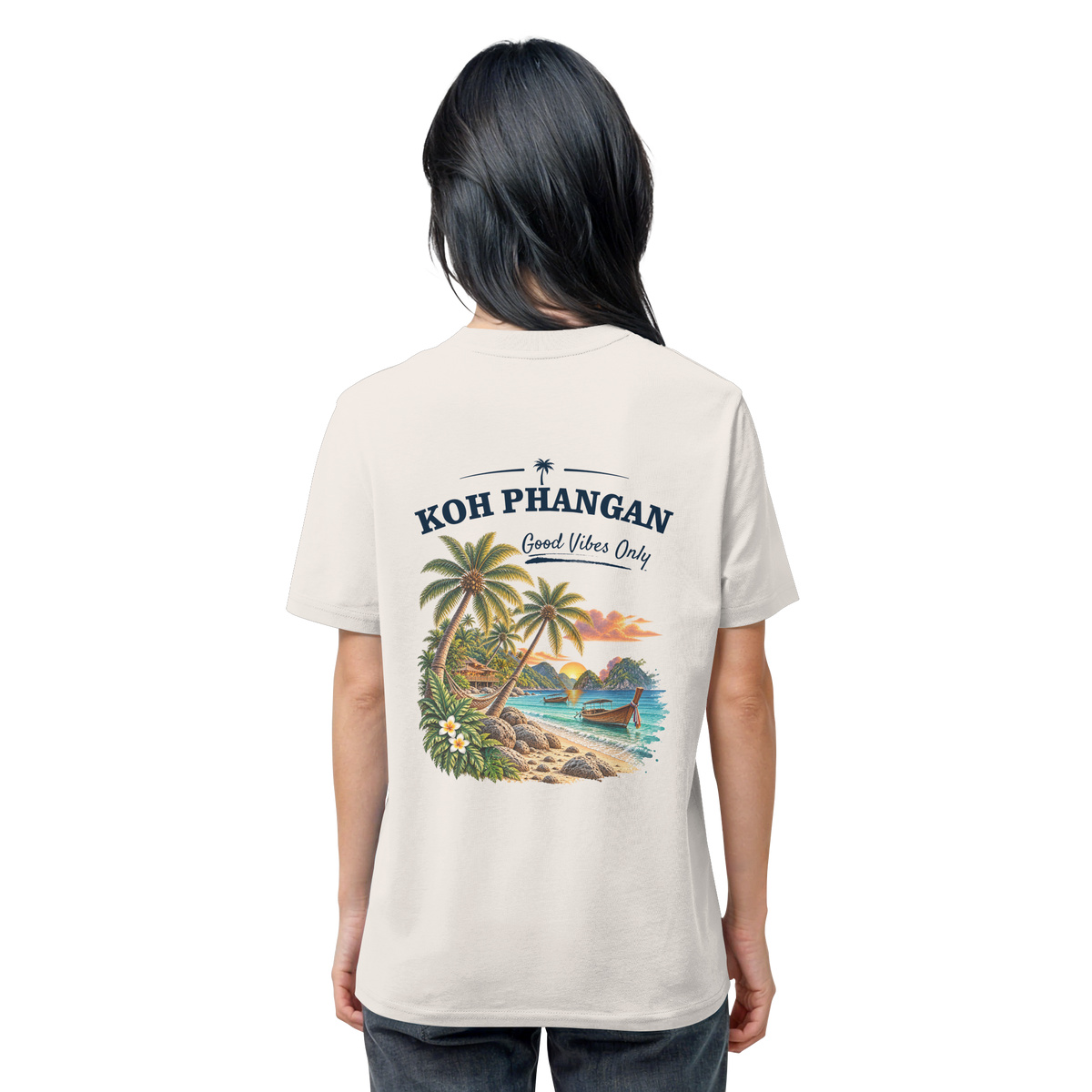 Koh Phangan Good Vibes Only – Bio T-Shirt – Backprint – Original-Mockup organic shirt vintage white mit Rückenmotiv