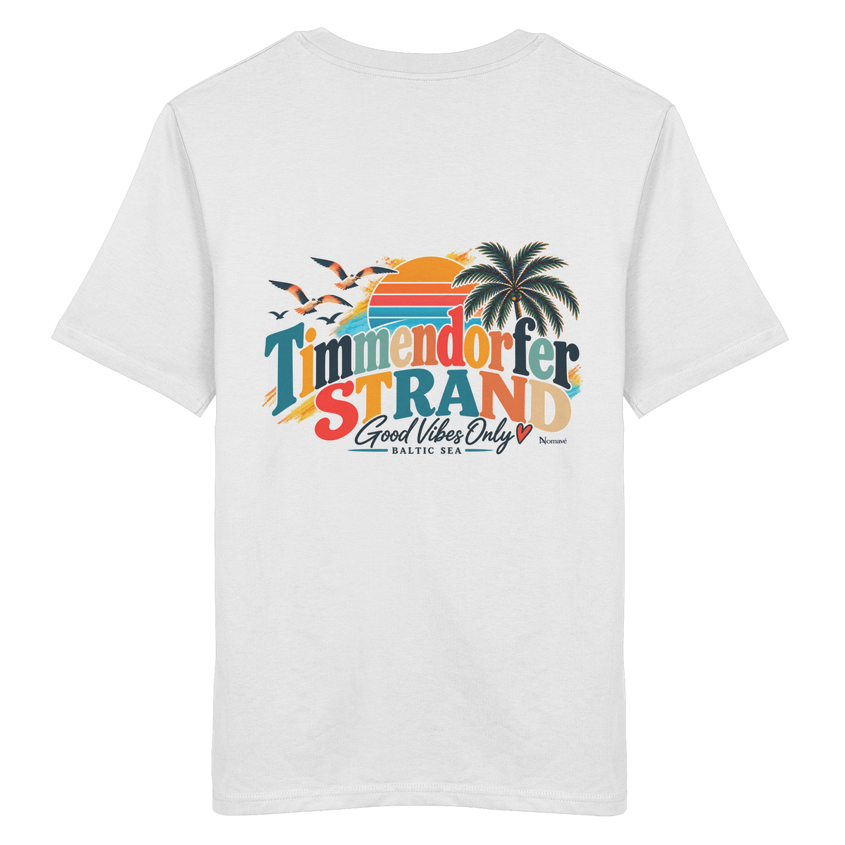 Unisex-Bio-T-Shirt in White, Katalog-Rückansicht mit Timmendorfer-Strand-Good-Vibes-Only-Rückenprint.