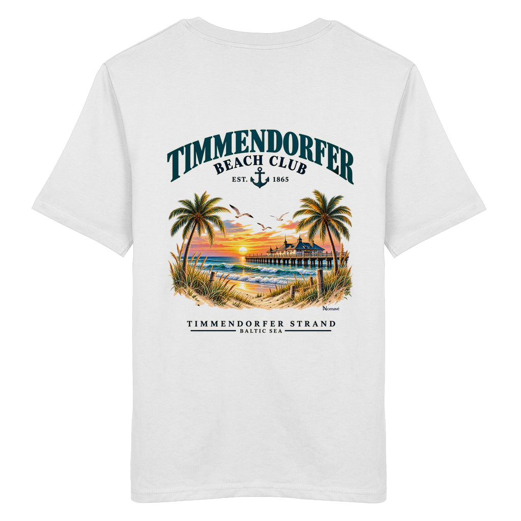Original-/Katalogmockup: Unisex Bio-T-Shirt in White, Rückansicht mit Timmendorfer-Beach-Club-Rückendruck.