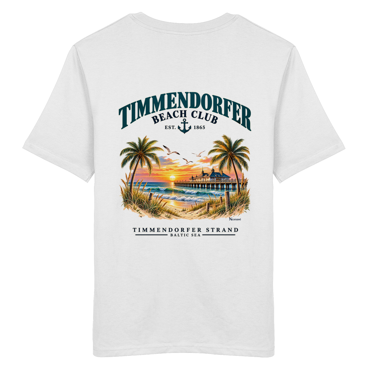 Original-/Katalogmockup: Unisex Bio-T-Shirt in White, Rückansicht mit Timmendorfer-Beach-Club-Rückendruck.