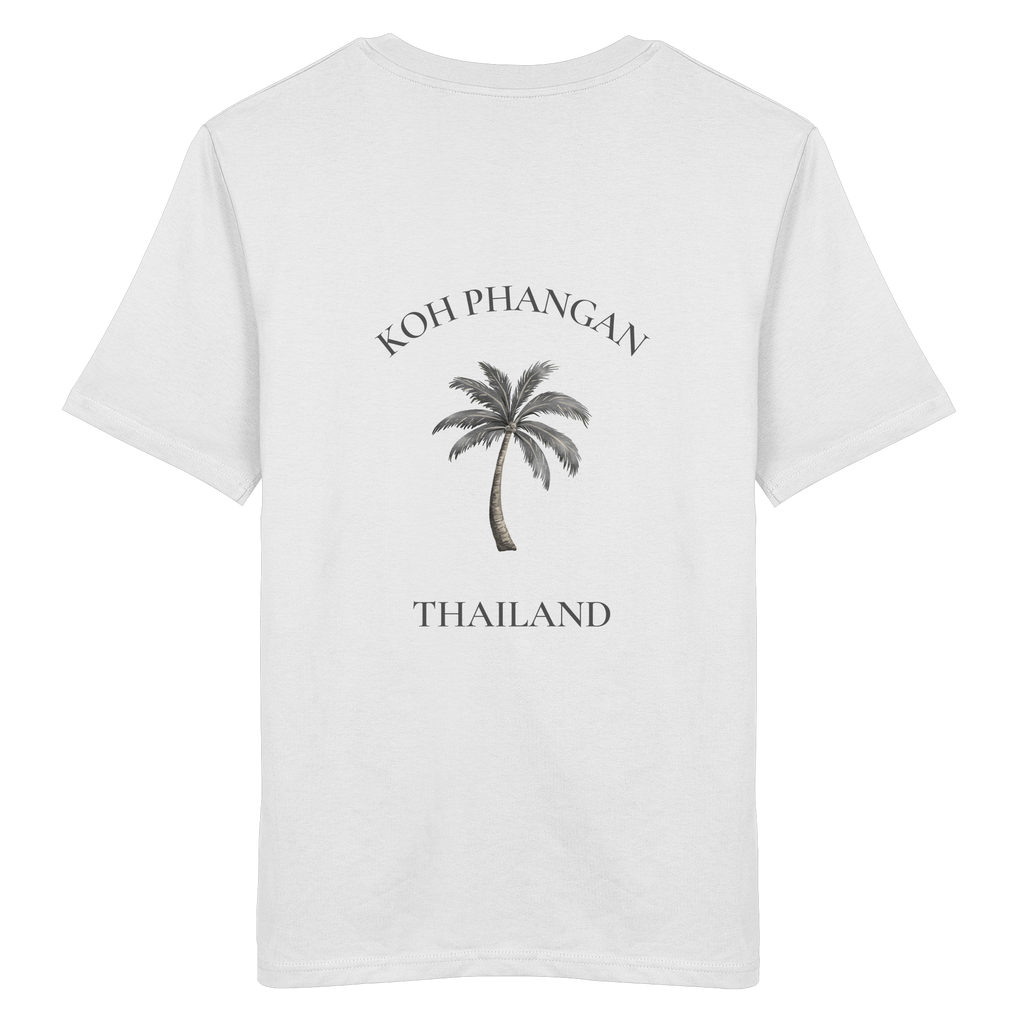 Bio T-Shirt in White, Original-Mockup Rückenansicht mit Koh Phangan Mini Palm Backprint