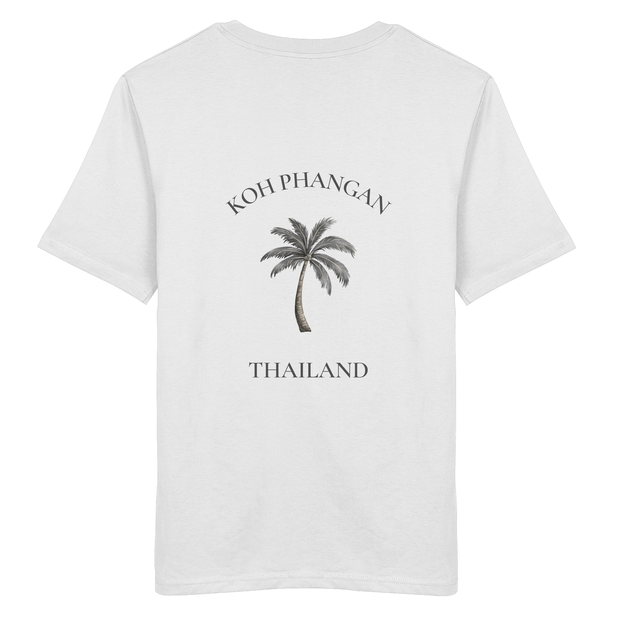 Bio T-Shirt in White, Original-Mockup Rückenansicht mit Koh Phangan Mini Palm Backprint