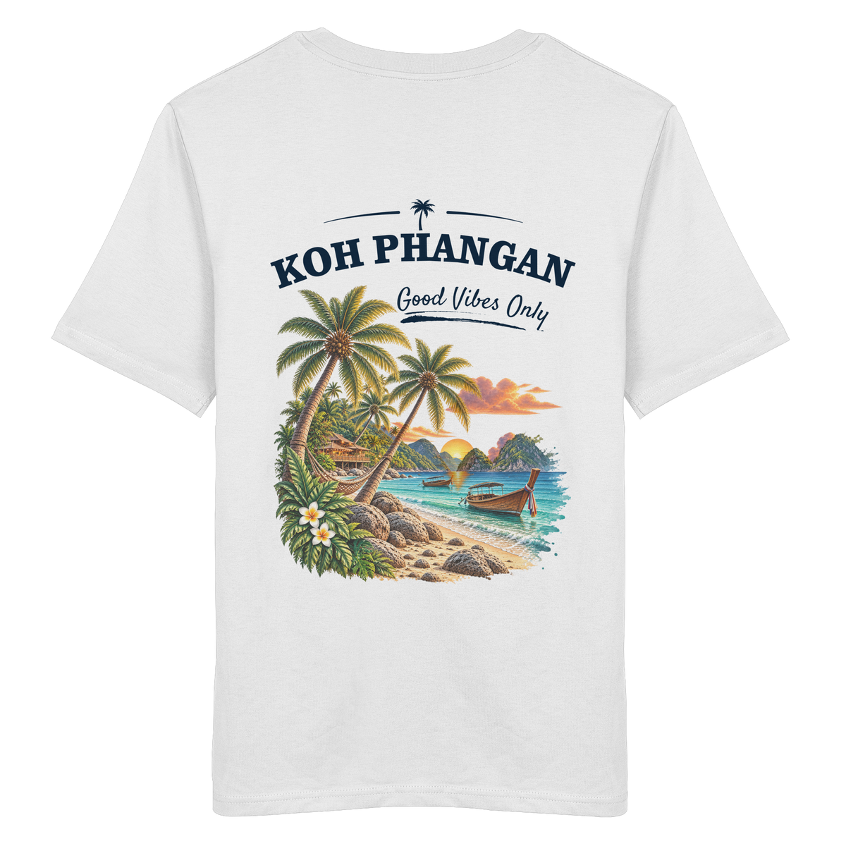 Koh Phangan Good Vibes Only – Bio T-Shirt – Backprint – Original-Mockup organic shirt white mit Rückenmotiv