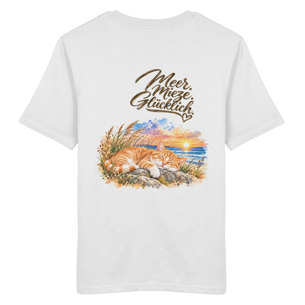 Rückansicht des freigestellten Bio-T-Shirts in White mit „Meer. Mieze. Glücklich.“ und Katzenmotiv – Original-Mockup.