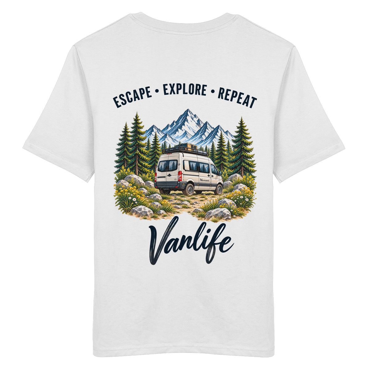 Bio T-Shirt in White als Produkt-Mockup mit Escape Explore Repeat Motiv als Backprint – Produktansicht 2