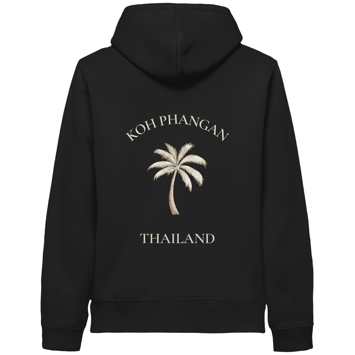 Bio Side Pocket Hoodie in black mit Koh Phangan Mini Palm Motiv als Backprint – Original-Mockup