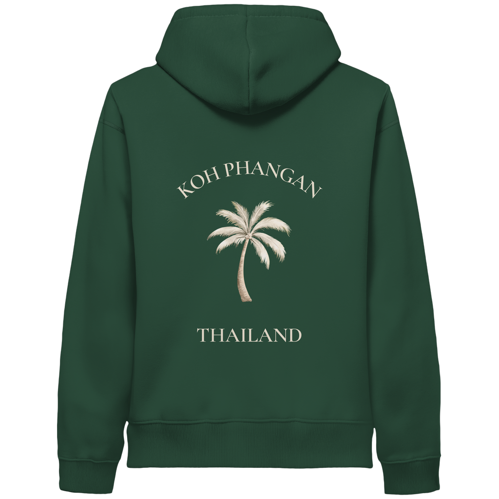 Bio Side Pocket Hoodie in bottle green mit Koh Phangan Mini Palm Motiv als Backprint – Original-Mockup