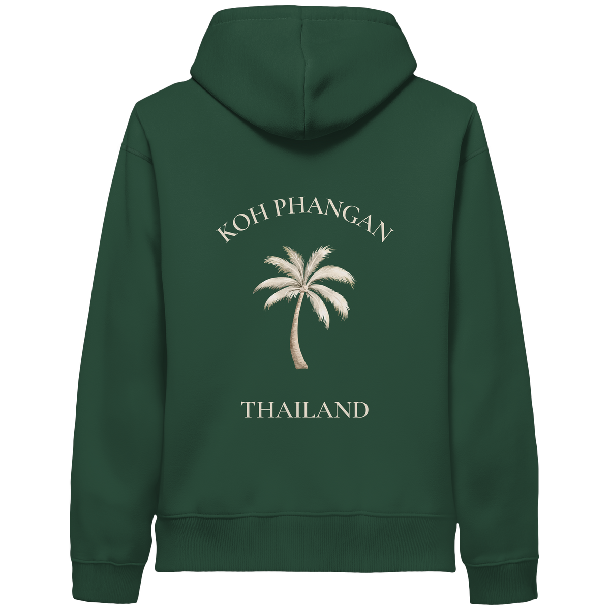 Bio Side Pocket Hoodie in bottle green mit Koh Phangan Mini Palm Motiv als Backprint – Original-Mockup