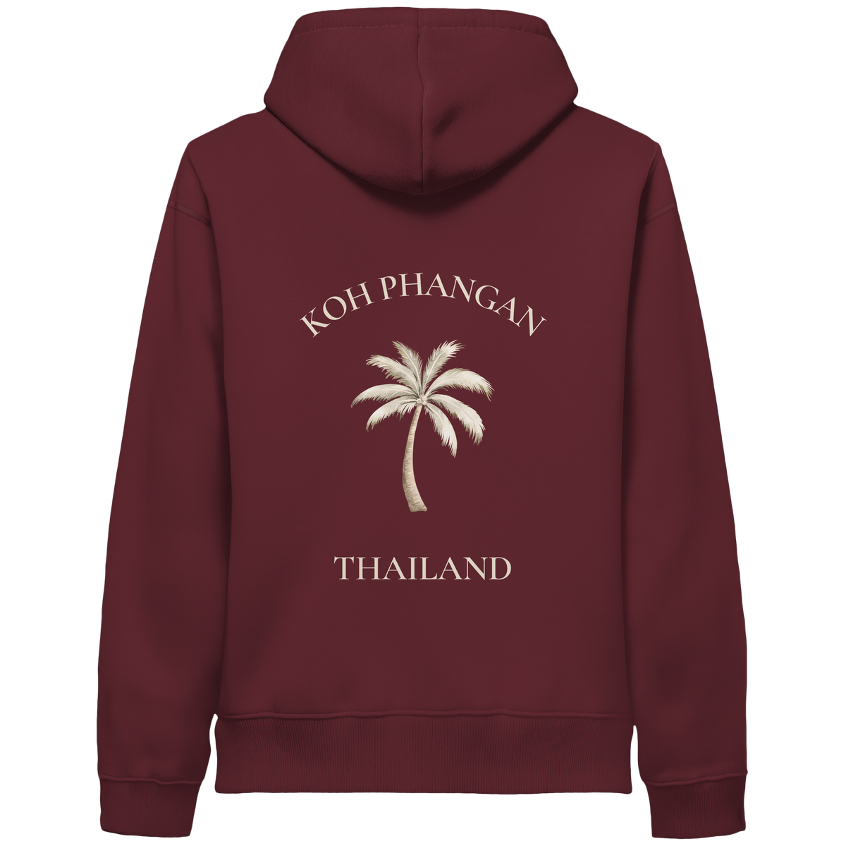 Bio Side Pocket Hoodie in burgundy mit Koh Phangan Mini Palm Motiv als Backprint – Original-Mockup
