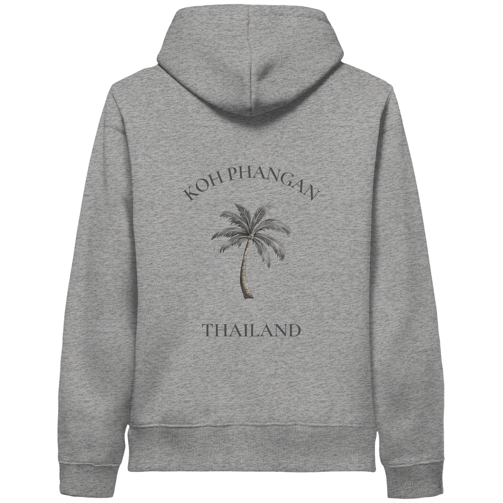 Koh Phangan Mini Palm – Bio Side Pocket Hoodie – Backprint – Originalmockup in Heather Grey, Produktansicht 1