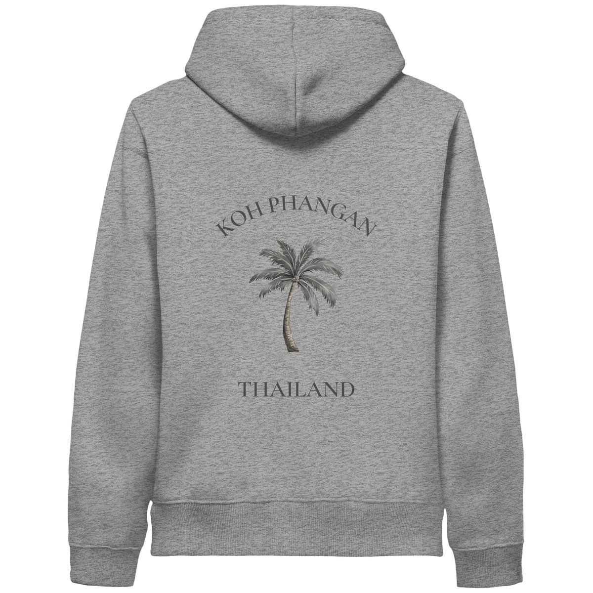 Koh Phangan Mini Palm – Bio Side Pocket Hoodie – Backprint – Originalmockup in Heather Grey, Produktansicht 1