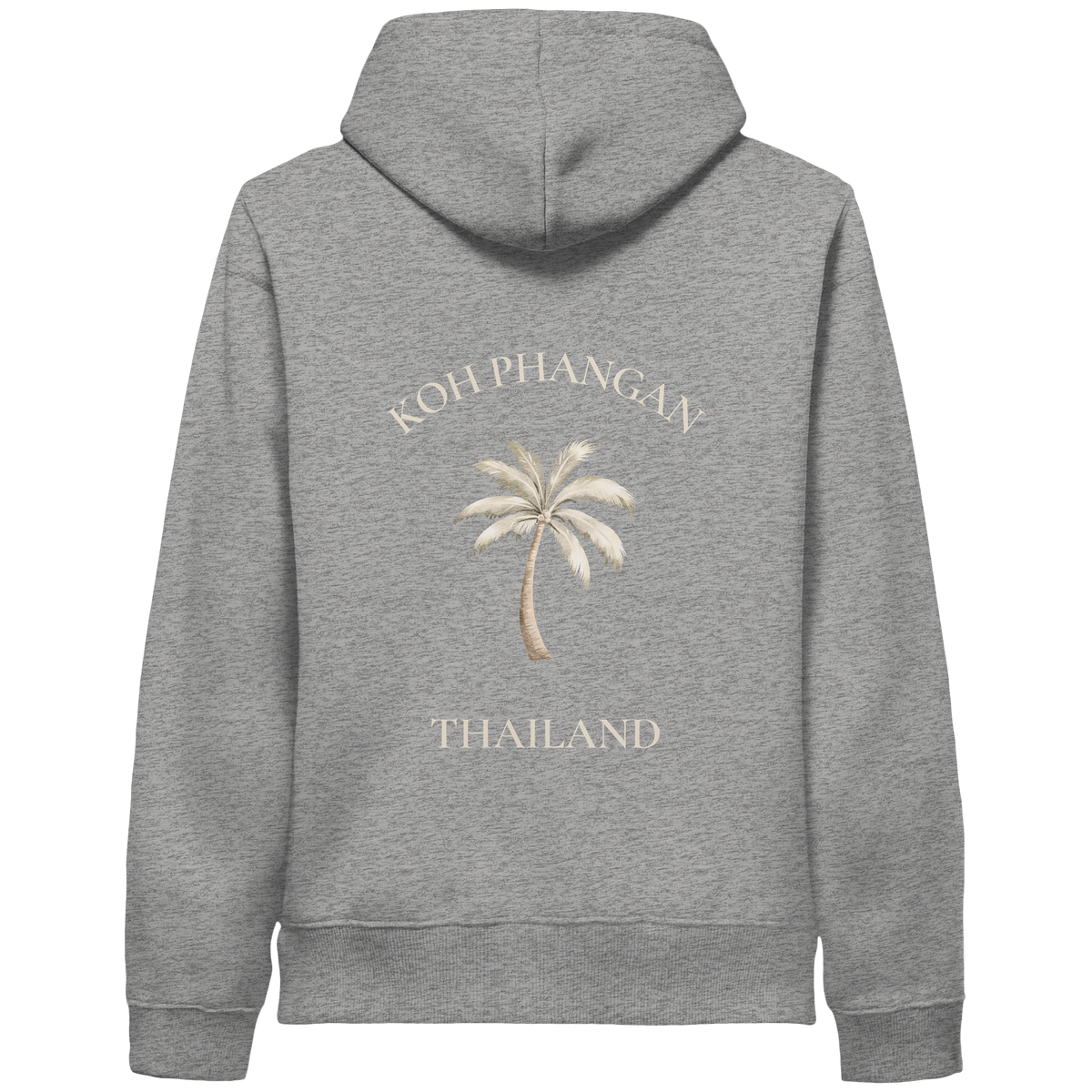 Bio Side Pocket Hoodie in heather grey mit Koh Phangan Mini Palm Motiv als Backprint – Original-Mockup