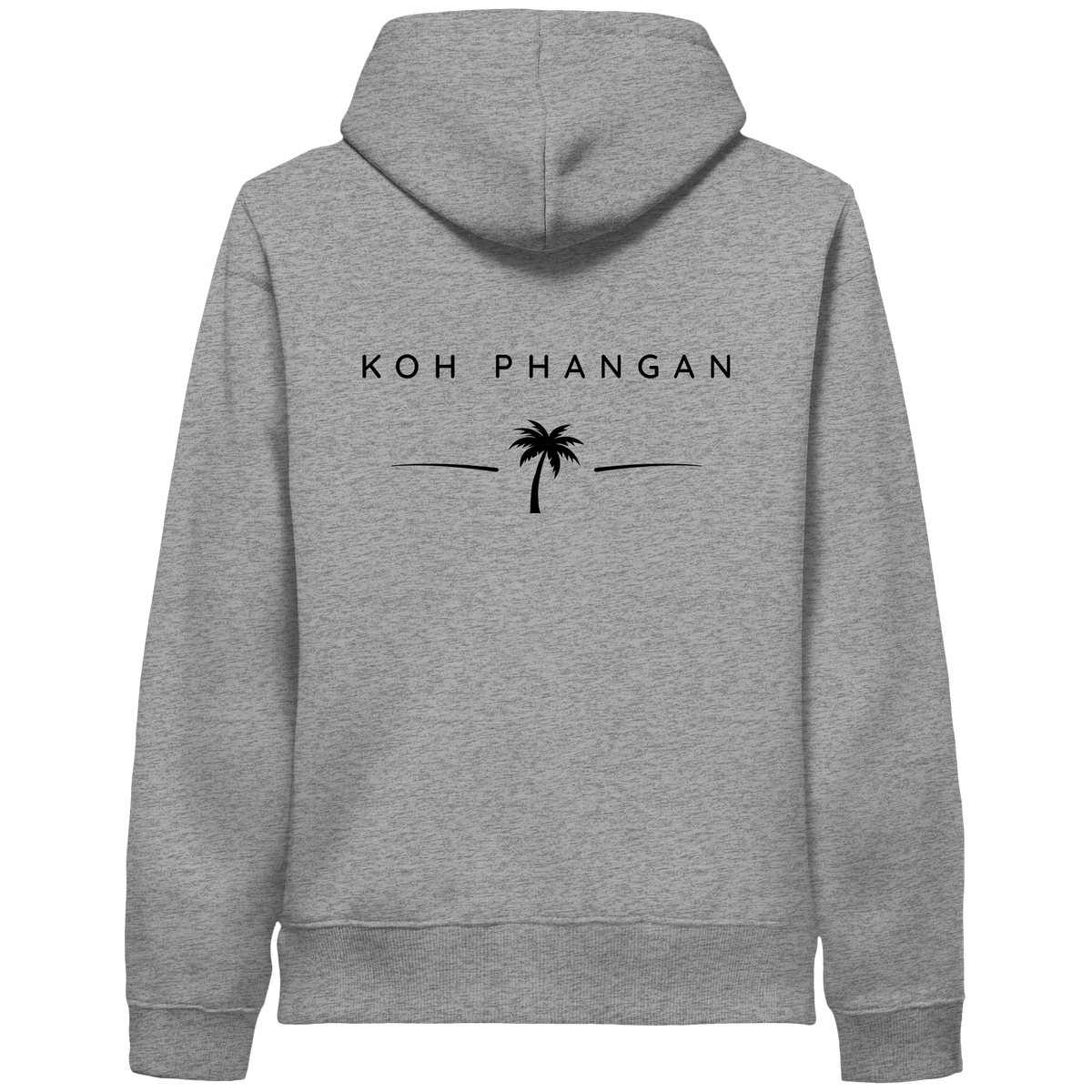 Original-Mockup des Bio Side Pocket Hoodie in Heather Grey mit Koh-Phangan-Minimal-Backprint