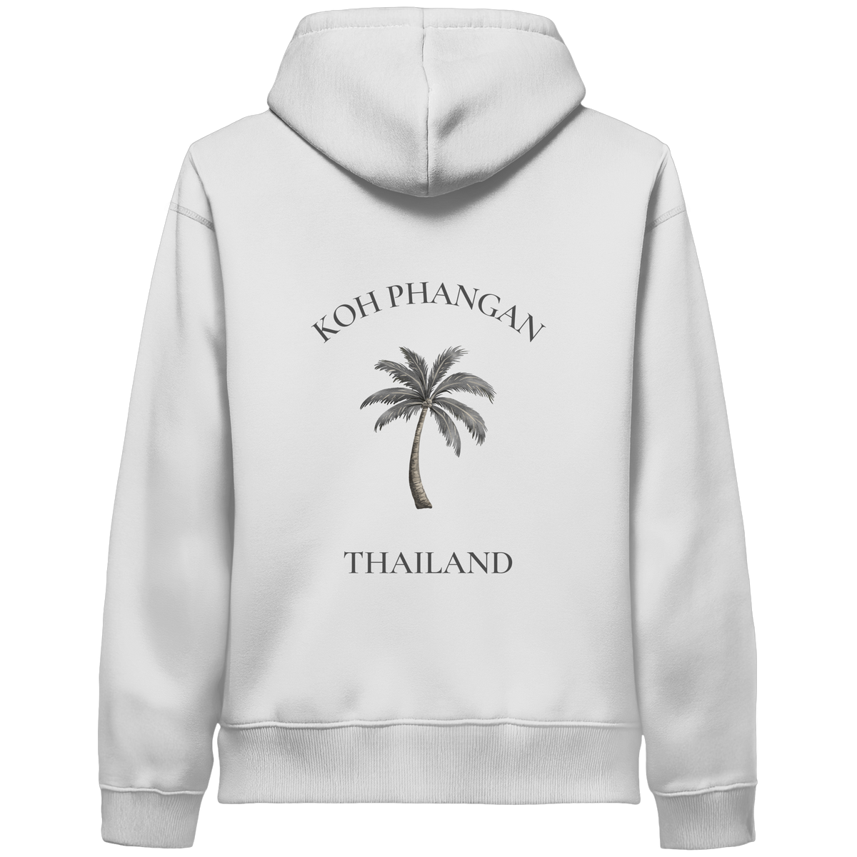 Koh Phangan Mini Palm – Bio Side Pocket Hoodie – Backprint – Originalmockup in White, Produktansicht 2