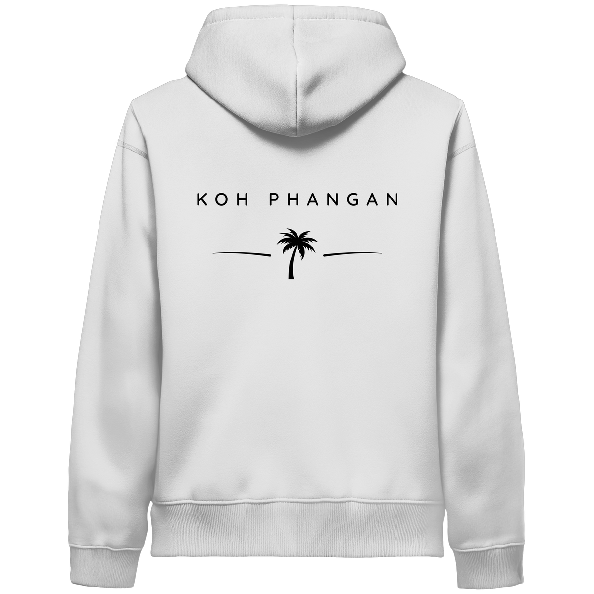 Original-Mockup des Bio Side Pocket Hoodie in Weiß mit Koh-Phangan-Minimal-Backprint