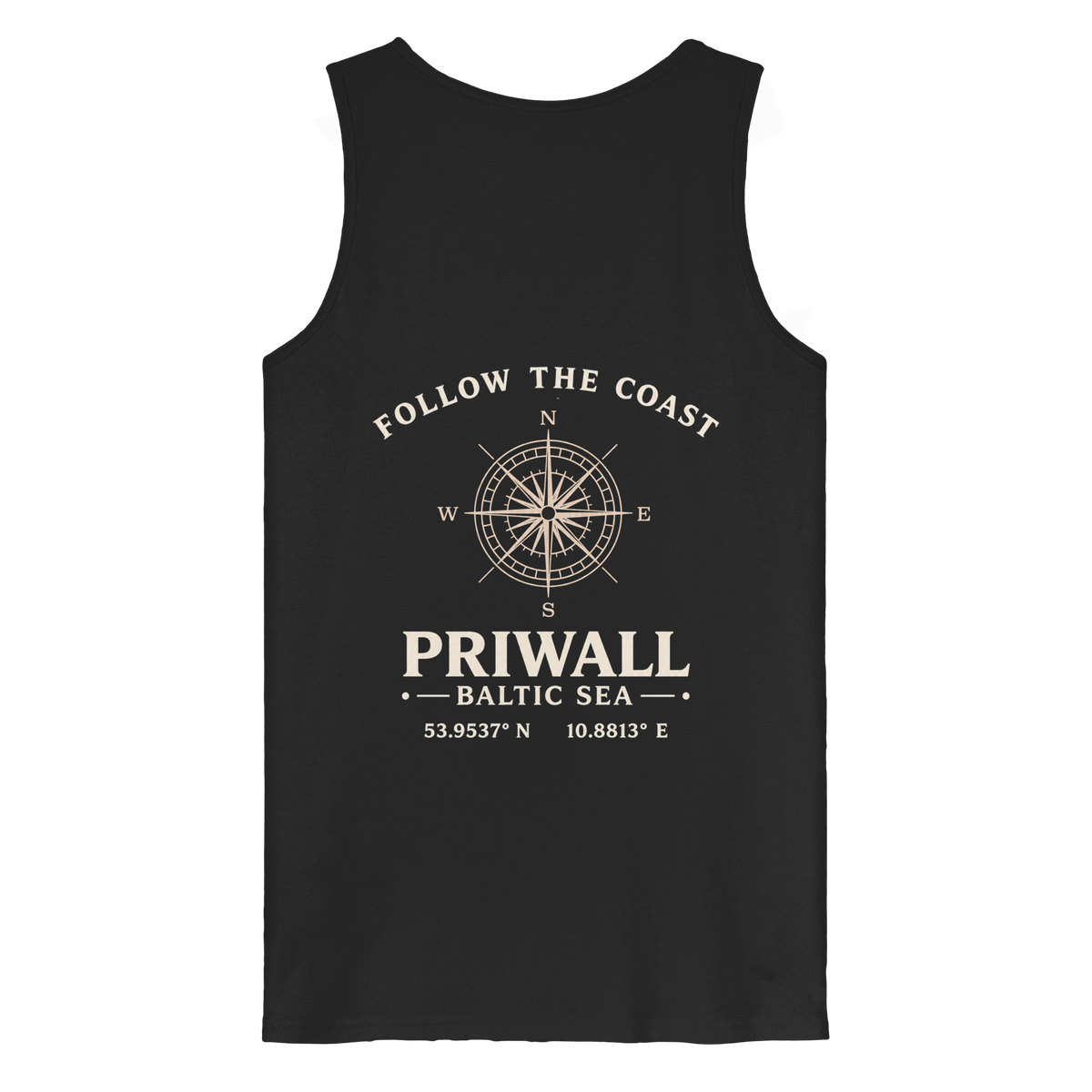 Rückansicht des Bio Tank Top in Black mit dunklem Priwall Follow the Coast Backprint