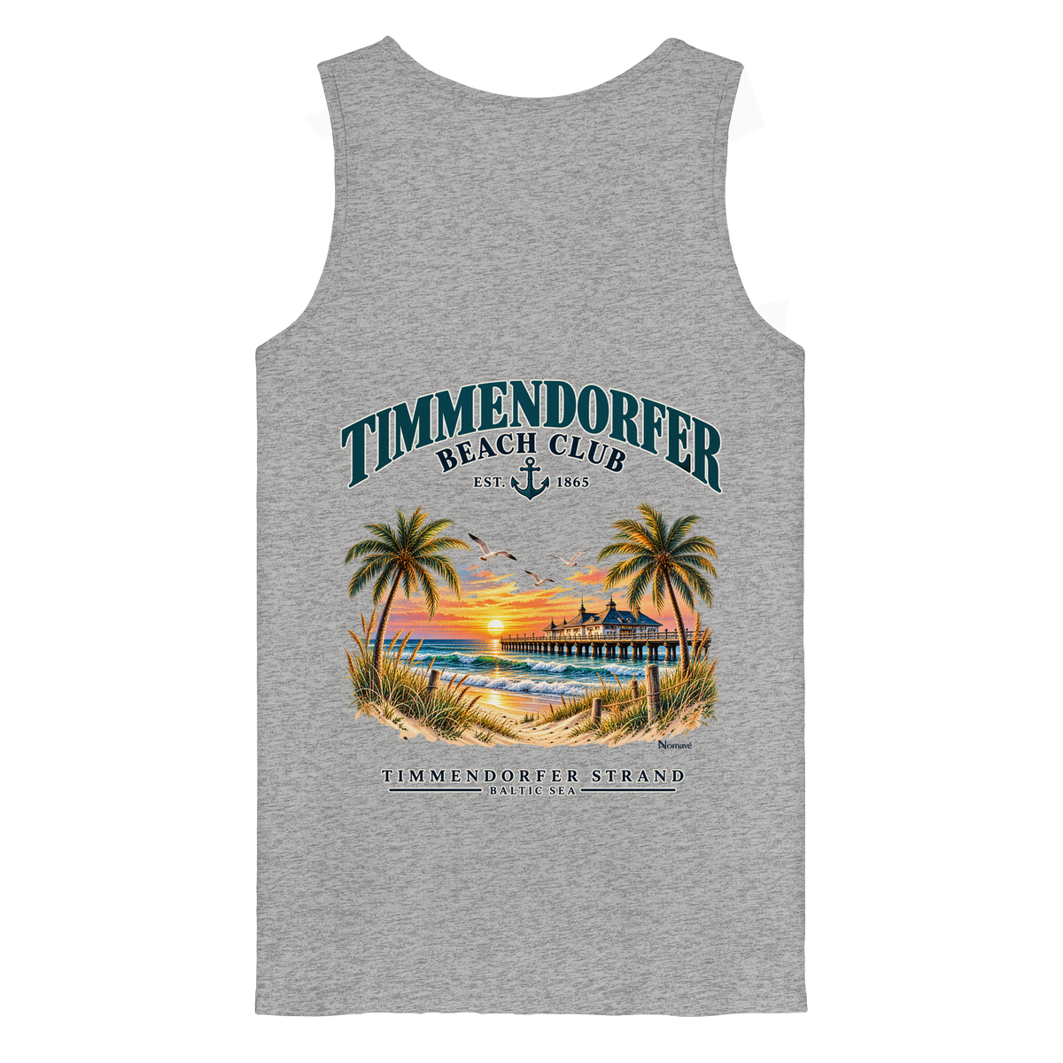 Original-Produktmockup: Herren-Bio-Tanktop in Heather Grey, Rückansicht mit Timmendorfer-Beach-Club-Motiv und dem Schriftzug Timmendorfer Strand – Baltic Sea.