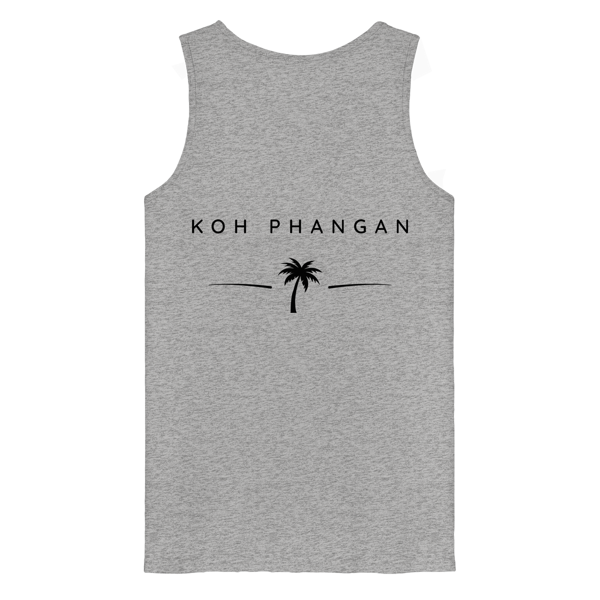 Original-Mockup des Bio Tank Top in Heather Grey mit Koh-Phangan-Minimal-Backprint