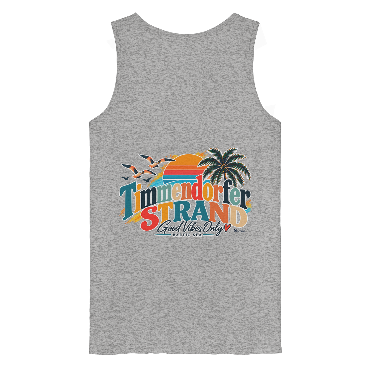 Timmendorfer Strand – Good Vibes Only – Herren Bio-Tanktop mit Rückenprint – Heather Grey; originales Katalogmockup der Rückansicht mit Rückenprint.