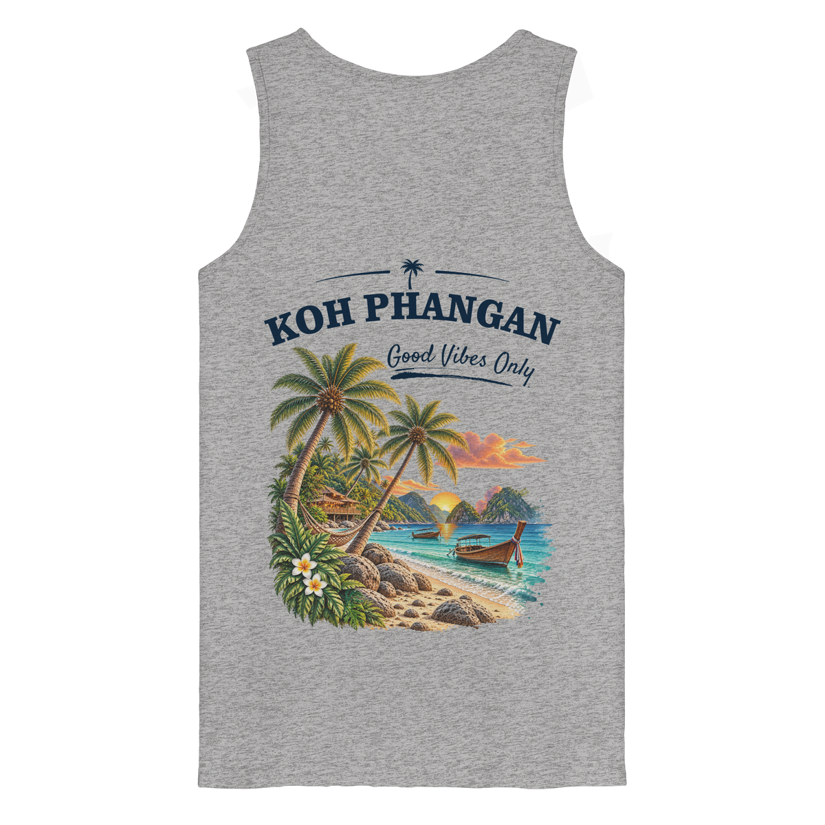 Bio Tank Top – Backprint in heather grey als Original-Mockup mit Koh Phangan Good Vibes Only Backprint