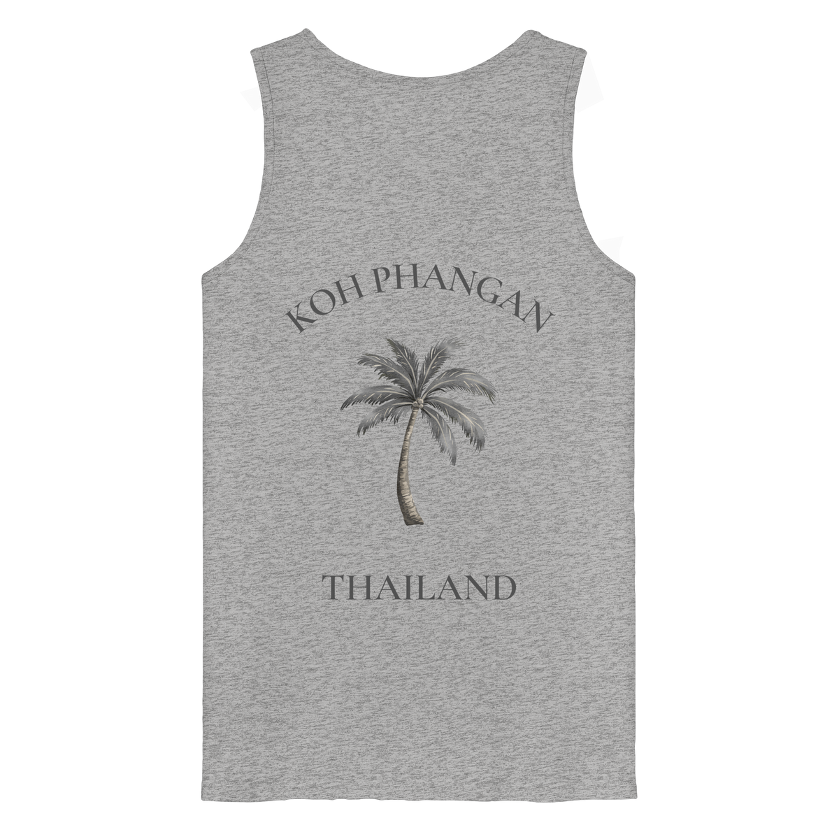 Koh Phangan Mini Palm – Bio Tank Top – Backprint – Originalmockup in Heather Grey, Produktansicht 2
