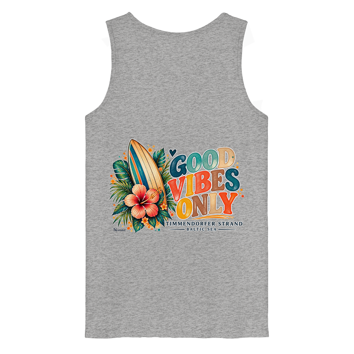 Original-Rückansicht 2: Herren Bio-Tanktop in Heather Grey mit Timmendorfer-Surf-Vibes-Rückenprint, Surfboard, Hibiskusblüten und Baltic-Sea-Schriftzug.