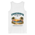 Original-Produktmockup: Herren-Bio-Tanktop in White, Rückansicht mit Timmendorfer-Beach-Club-Motiv und dem Schriftzug Timmendorfer Strand – Baltic Sea.