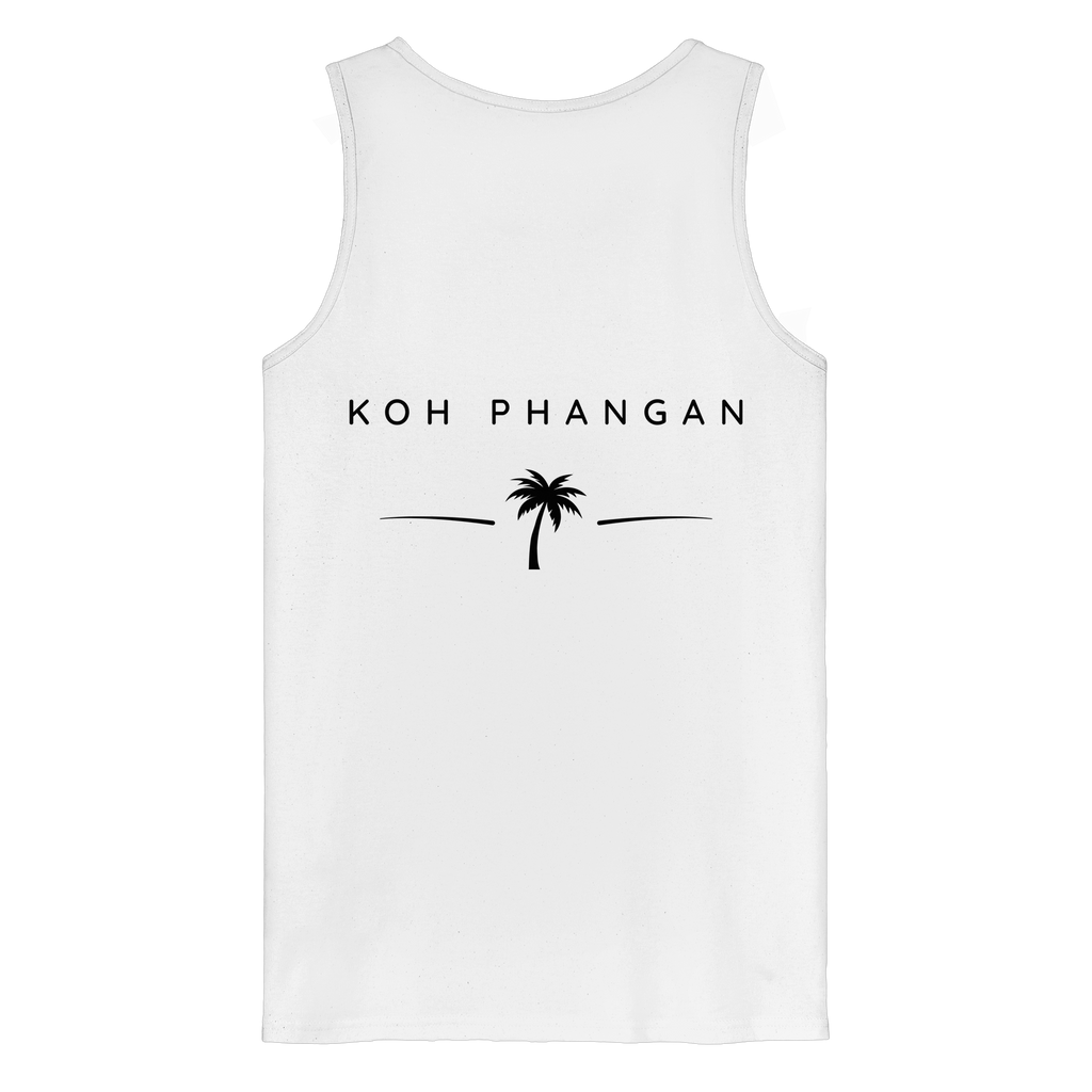 Original-Mockup des Bio Tank Top in Weiß mit Koh-Phangan-Minimal-Backprint