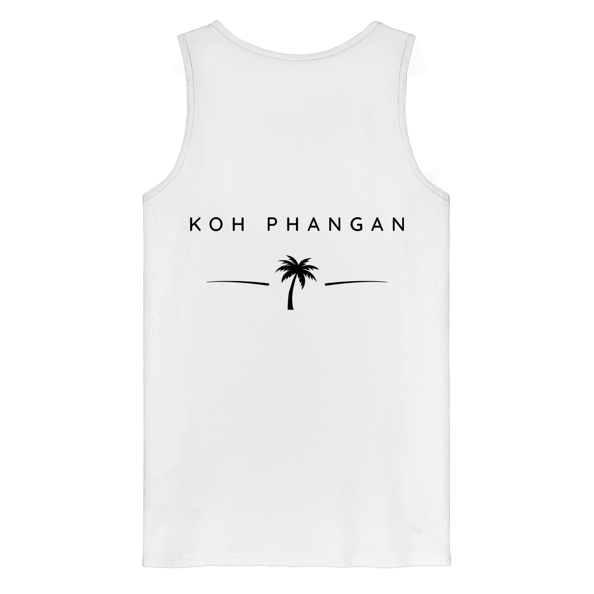 Original-Mockup des Bio Tank Top in Weiß mit Koh-Phangan-Minimal-Backprint