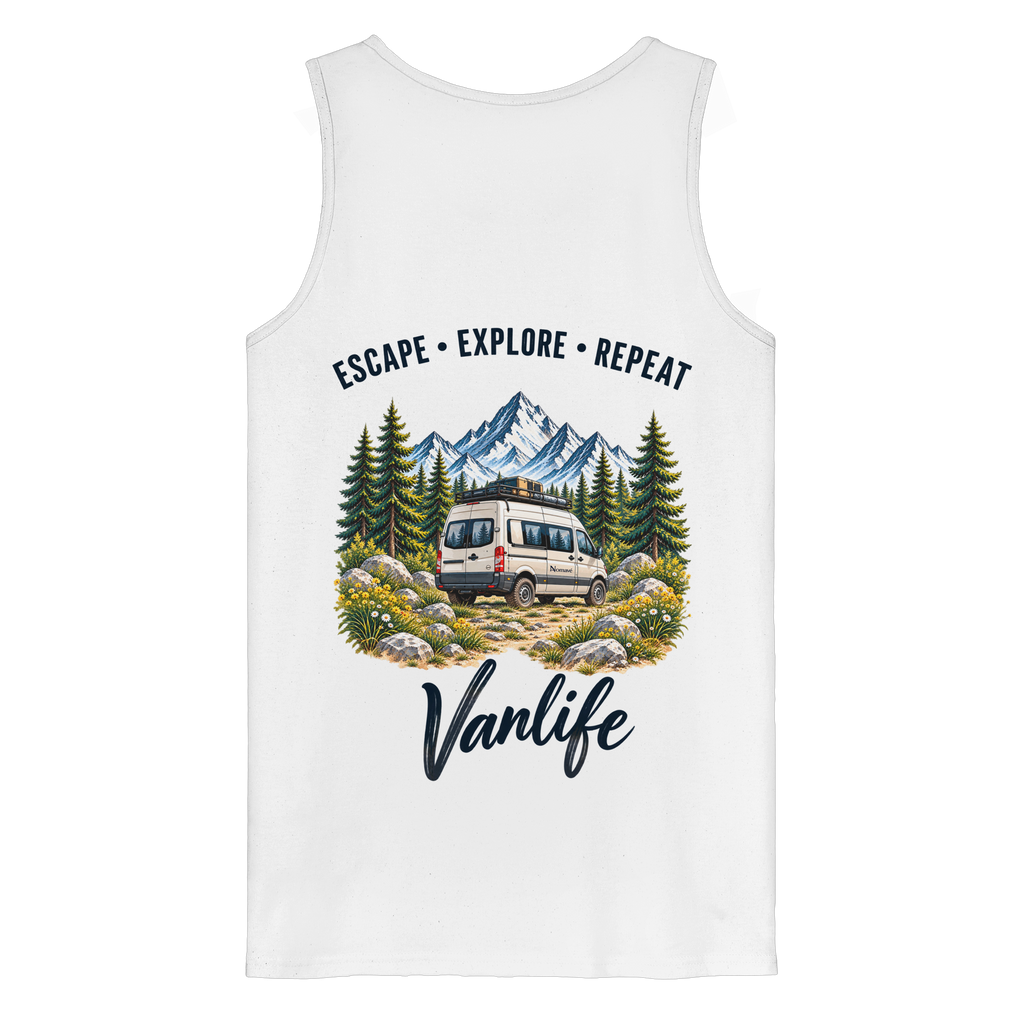 Bio Tank Top in White als Produkt-Mockup mit Escape Explore Repeat Motiv als Backprint
