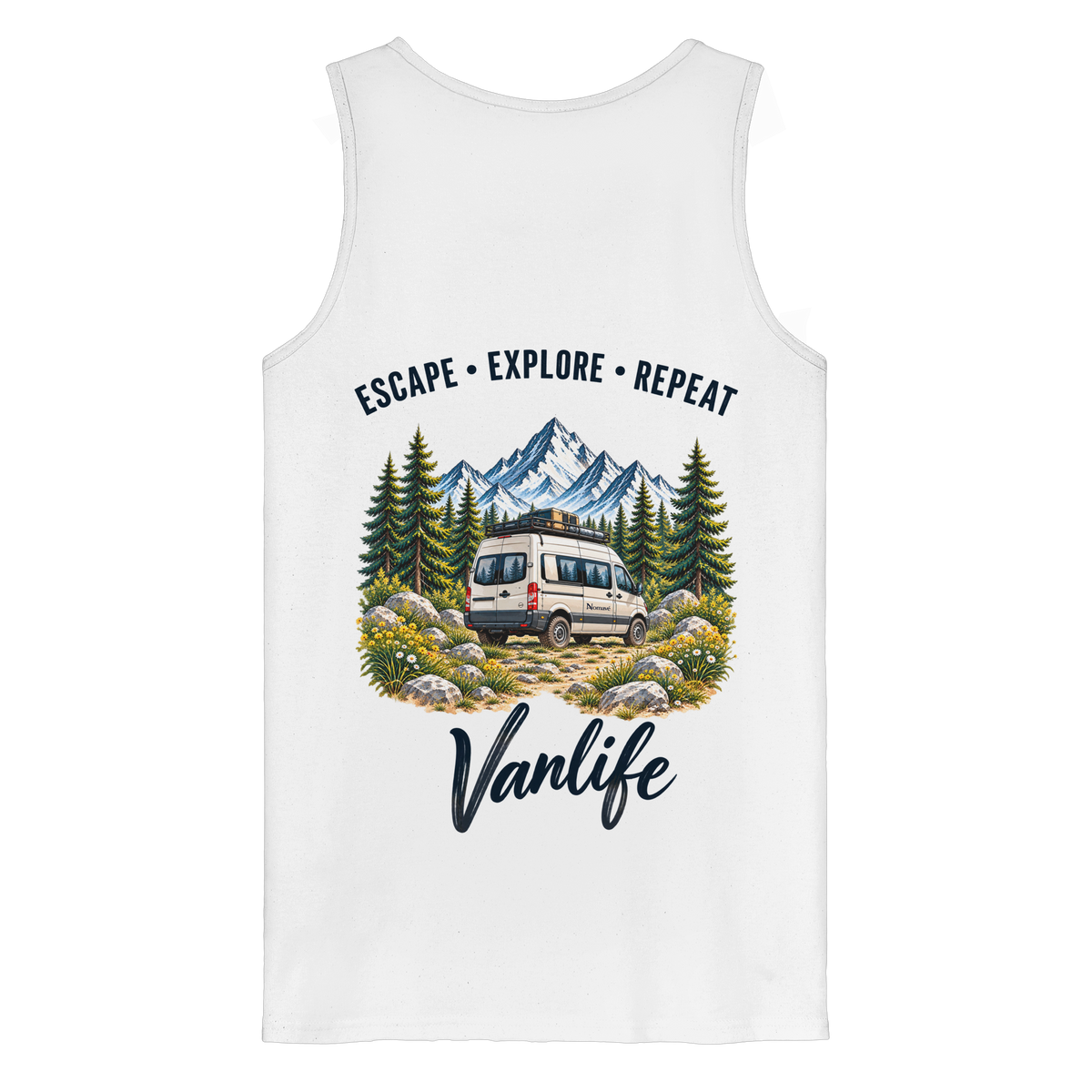 Bio Tank Top in White als Produkt-Mockup mit Escape Explore Repeat Motiv als Backprint