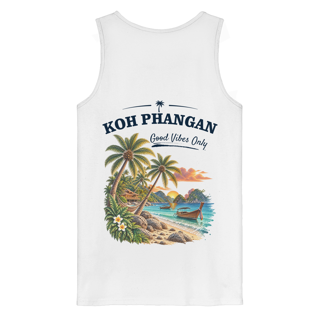 Bio Tank Top – Backprint in white als Original-Mockup mit Koh Phangan Good Vibes Only Backprint