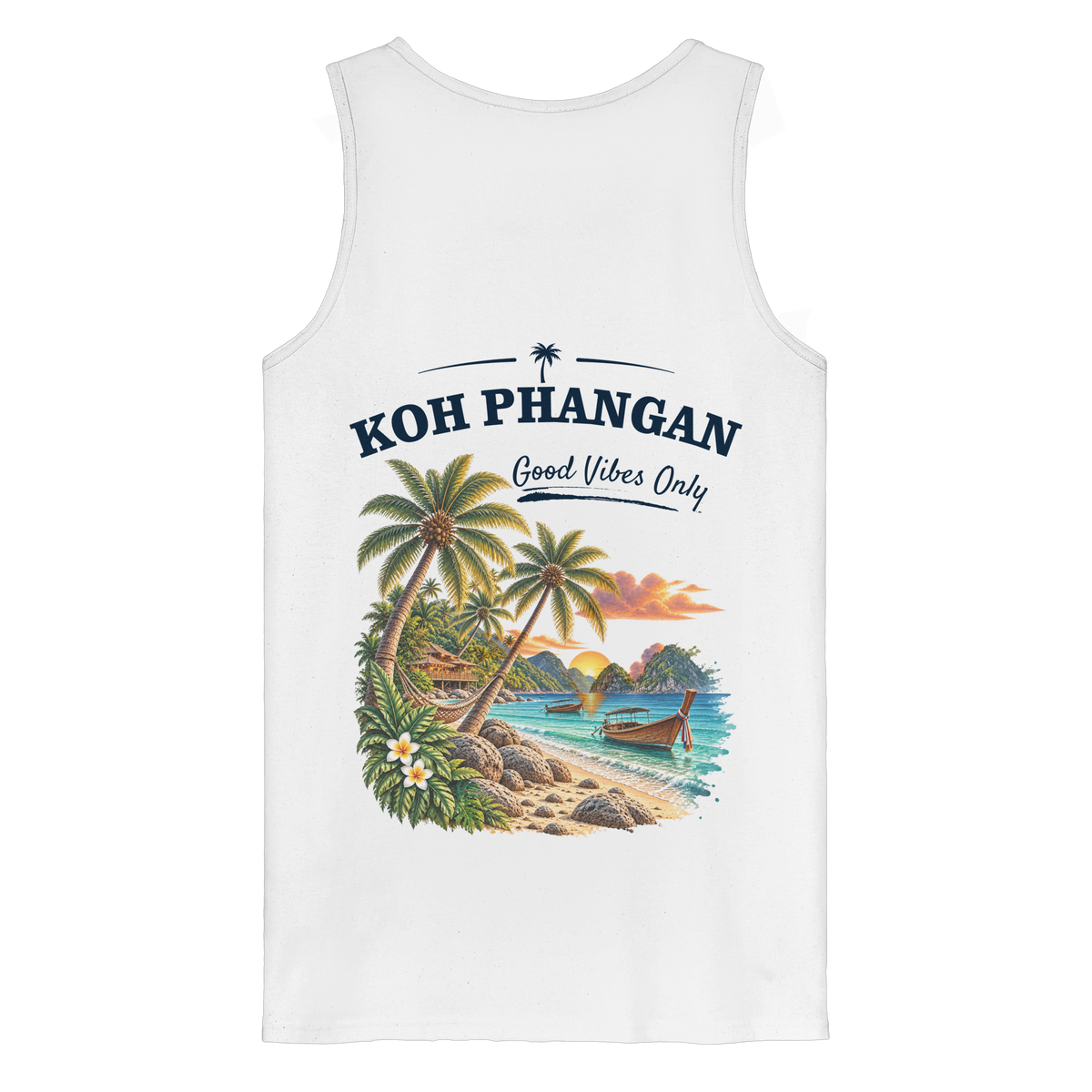Bio Tank Top – Backprint in white als Original-Mockup mit Koh Phangan Good Vibes Only Backprint
