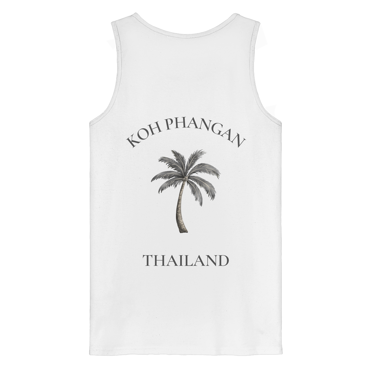 Koh Phangan Mini Palm – Bio Tank Top – Backprint – Originalmockup in White, Produktansicht 1